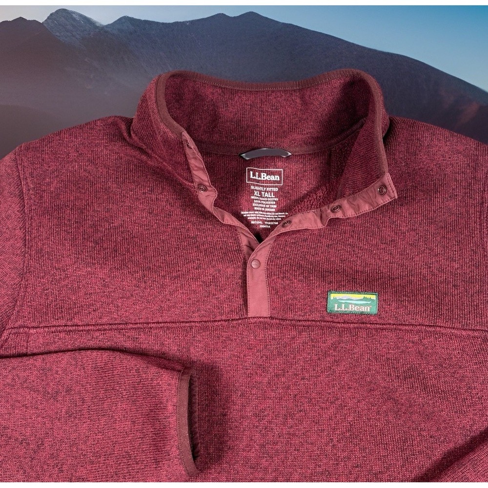 LL Bean Burgundy Red 1/4 Snap Katahdin Fleece Pullover Men XL-Tall Pockets-EUC - Picture 1 of 9